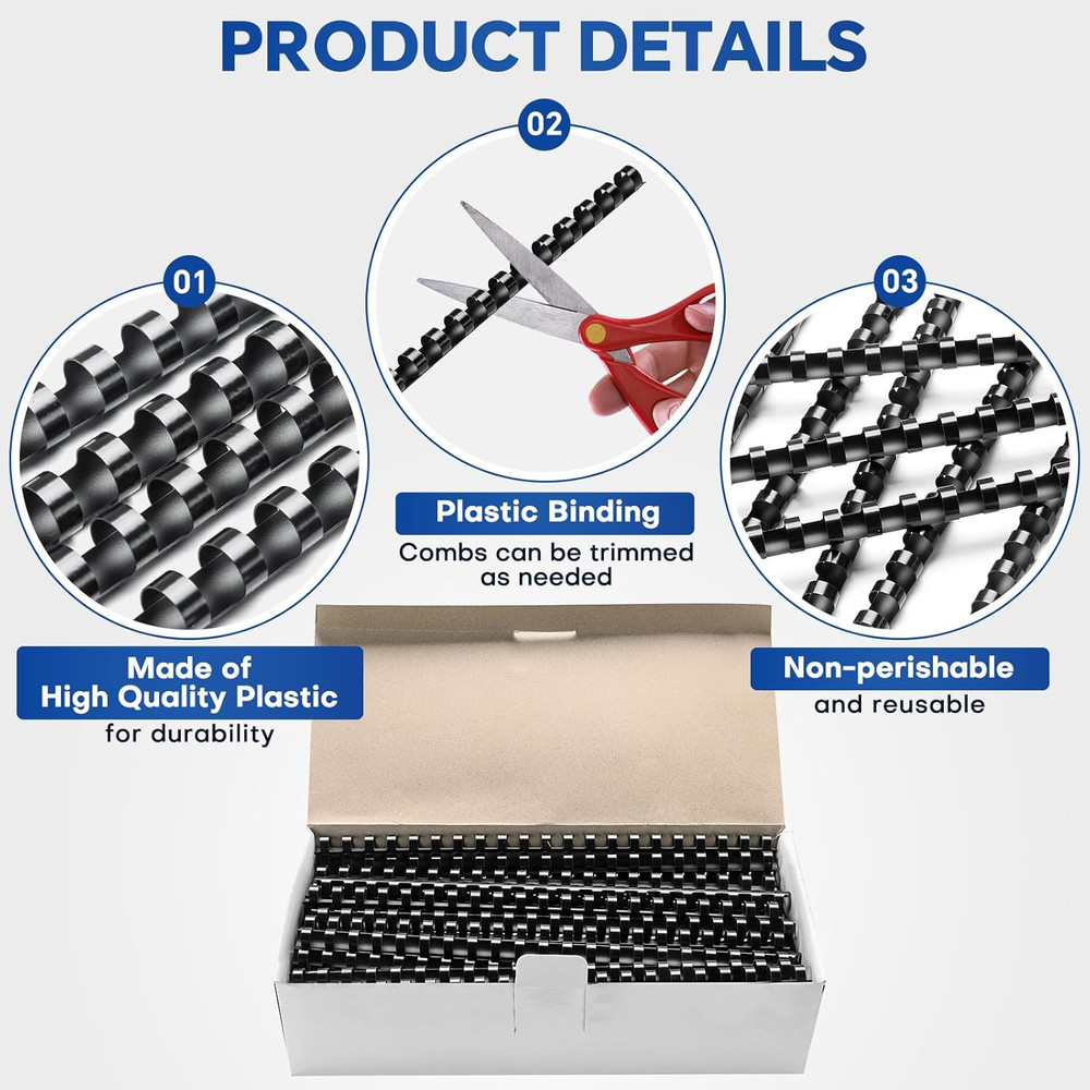 100 Pack 21 Ring Plastic Comb Binding Spines | 3/8 Inch Diameter, 55 Sheet Ca...