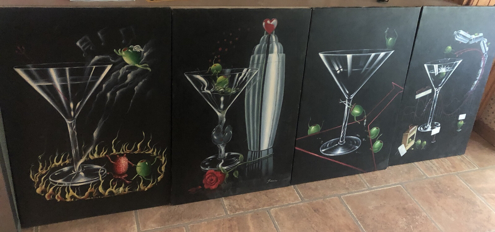 Lot of four original paintings! Martini Themed. Would Go Great In A Bar!