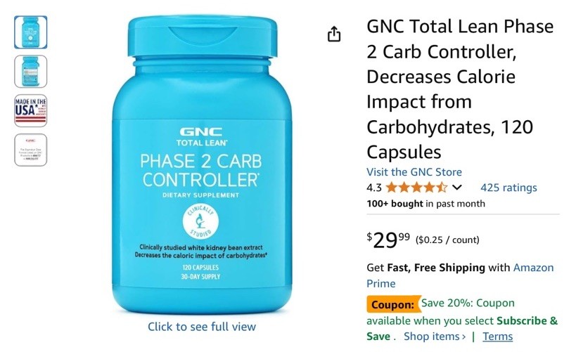 GNC Total Lean Phase 2 Carb Controller, 120 Capsules EXP 01/26