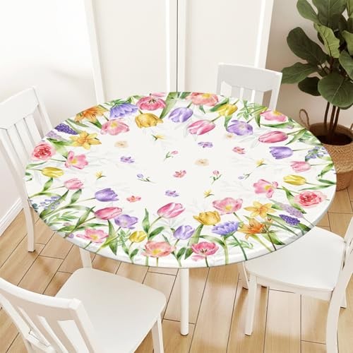 Spring Summer Easter Round Fitted Tablecloth with Elastic Edge Tulip Lavender