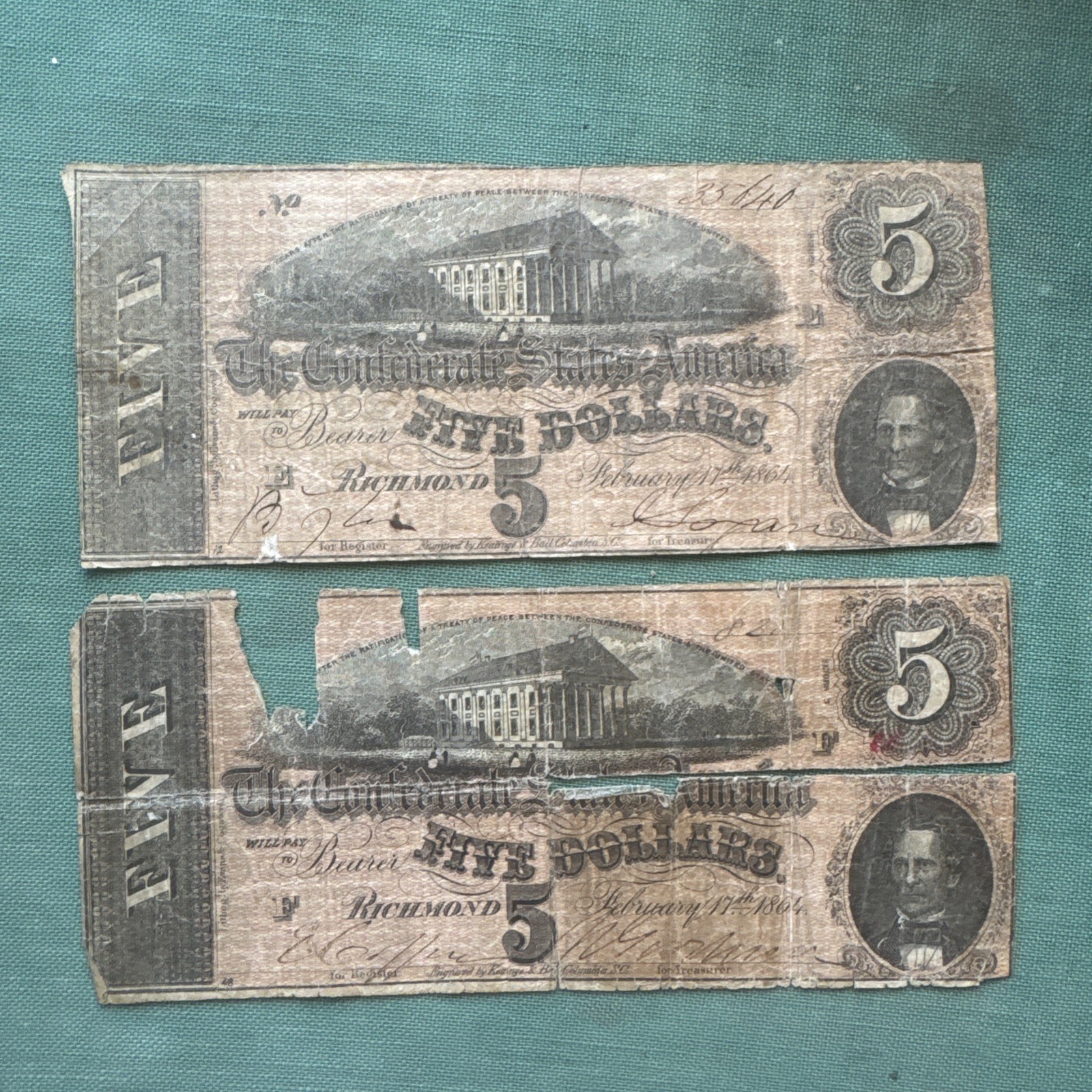 Pair of Poor Confederate States of America $5.00 Notes