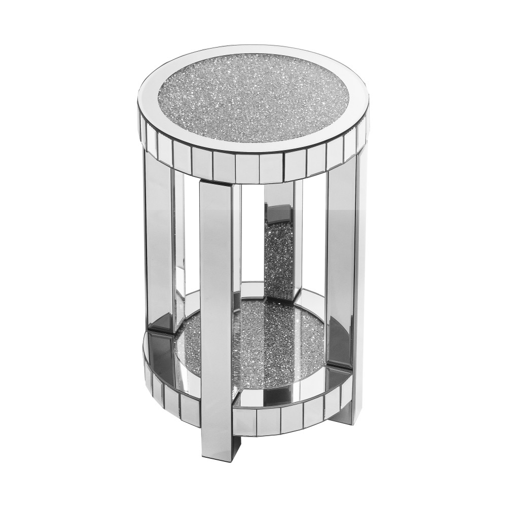 Mirrored Round End Table w/ Crystal Inlay, 2-Tier Coffee Table Silver