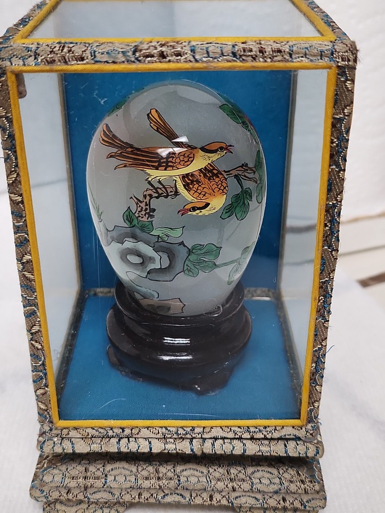 Reverse Painted Glass Egg With 2 Birds In The Bush