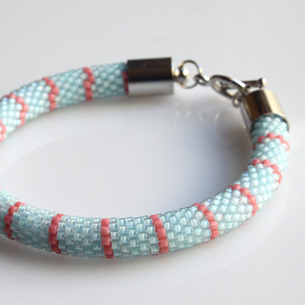 Bead Crochet Aqua Blue Stripped Bracelet