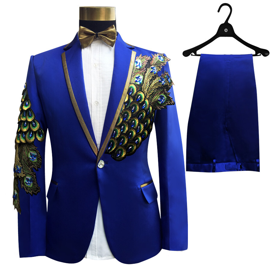 2PCS Men One Button Sequin Peacock Blazer Suit Slim Jacket Trouser Stage Costume