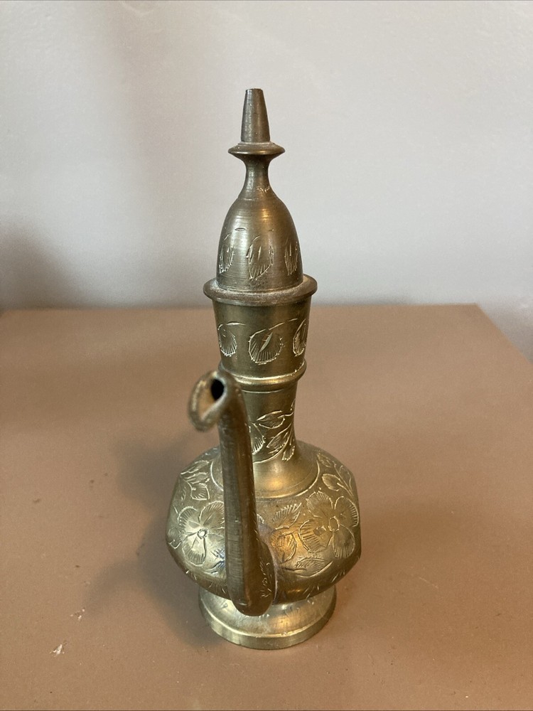 Pair 2 Indian Middle Eastern Etched Dallah Brass Coffee Pots