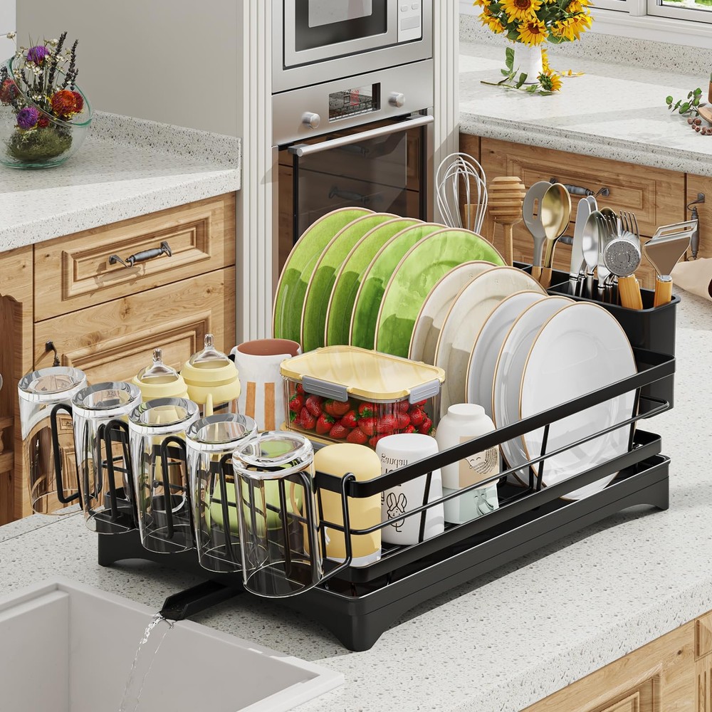 Dish Drying Rack for Kitchen Counter - Large Capacity Dish Drainer with Cutle...