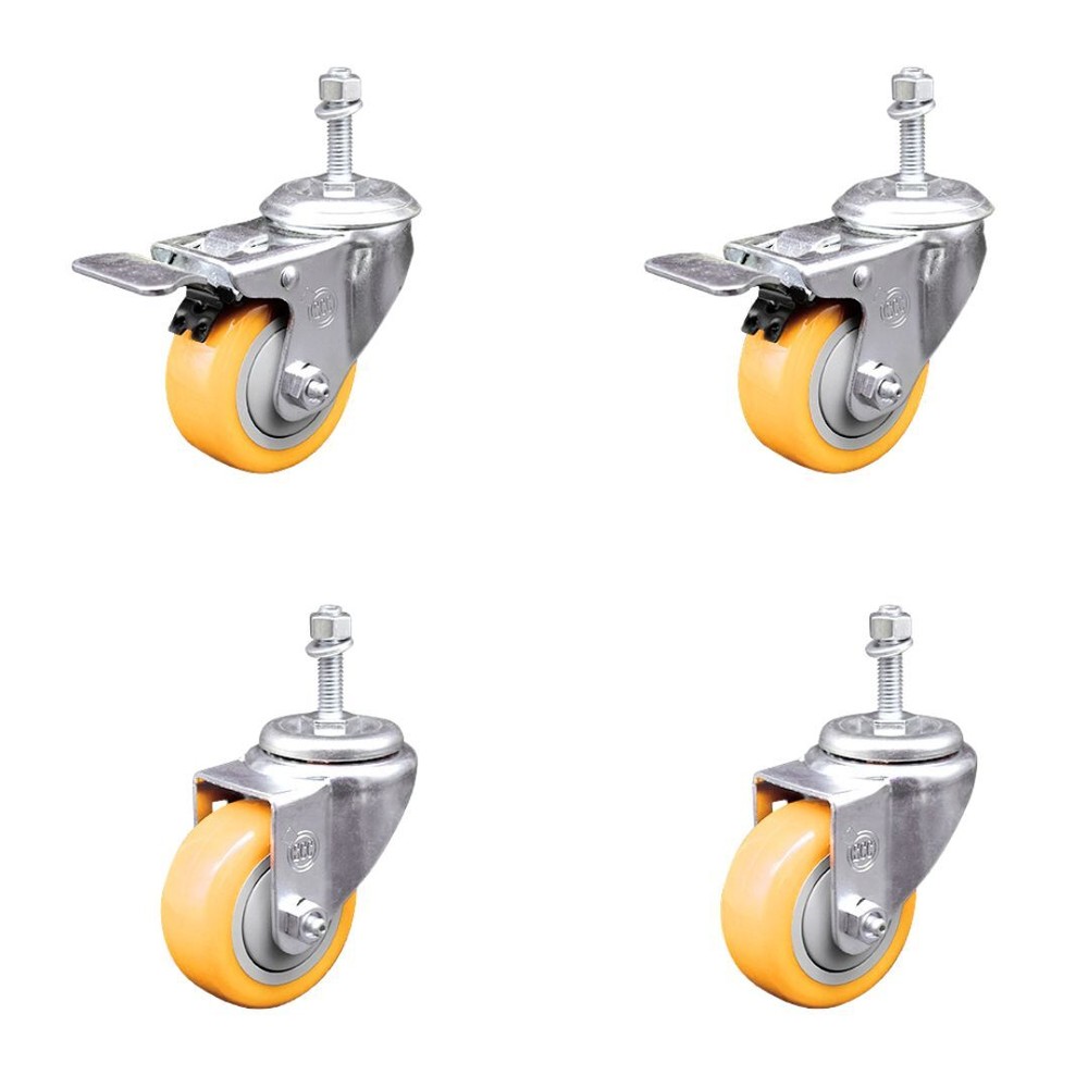 3.5 Inch 316SS Yellow Polyurethane 10mm Threaded Stem Caster Set 2 Lock Brake