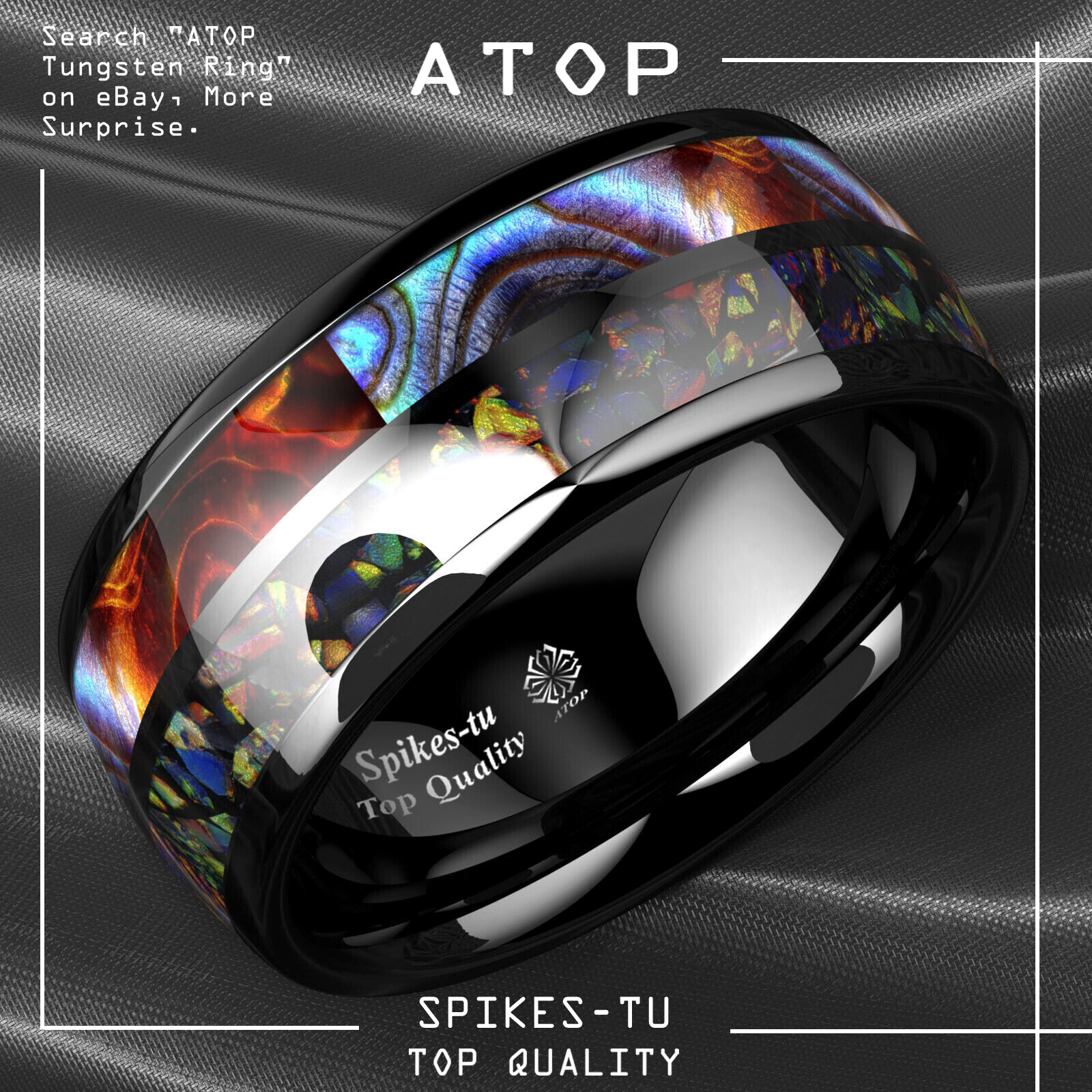 8/6mm Black Tungsten Ring Hawaiian Opal and Abalone Inlay Men ATOP Wedding Band