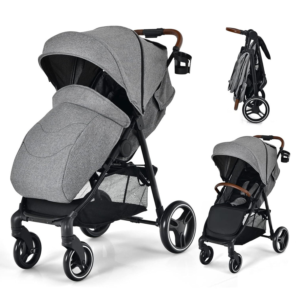 Foldable Baby Stroller with Adjustable Canopy & Storage Basket - Gray