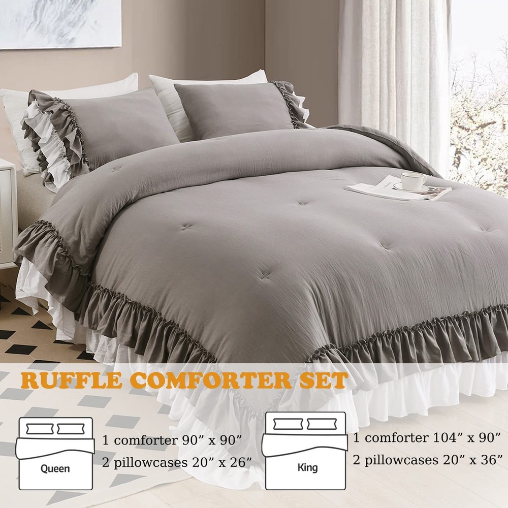 Masaca Ruffle Queen Comforter Set,Grey White Ruffled Comforter Sets for Queen...