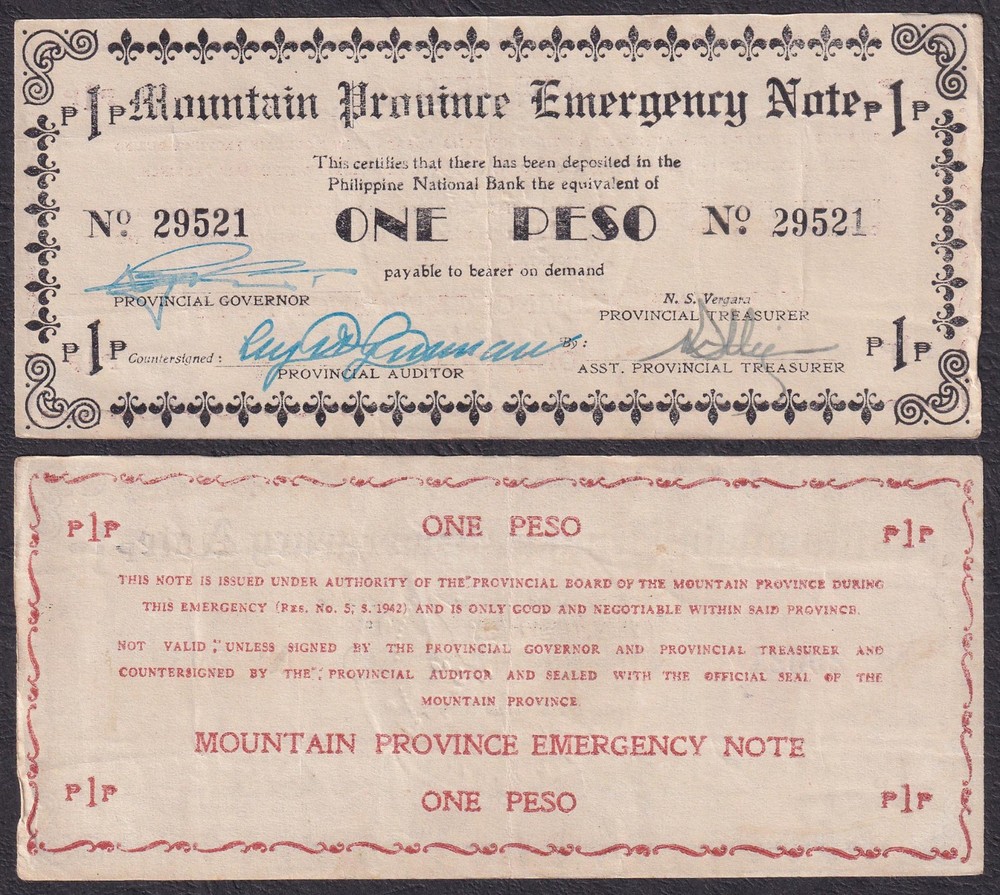 US Philippines MOUNTAIN PROVINCE PNB Emergency WW2 Note SIGNED