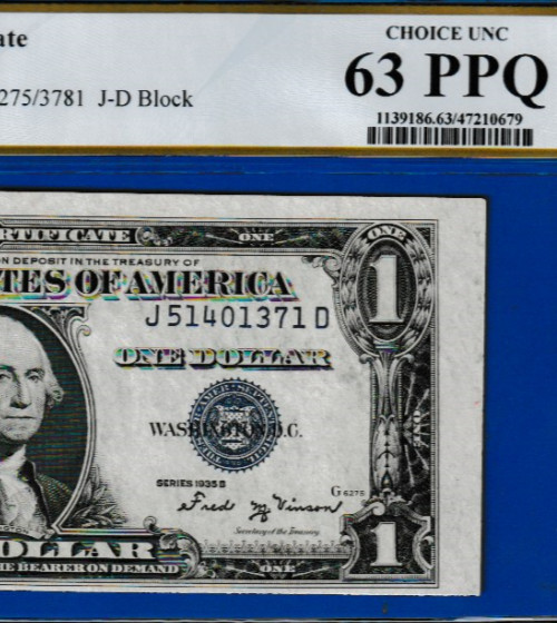 ERROR NOTE   1935 B   $1   SILVER CERTIFICATE Serial Numbers  J 51401371 D PCGS