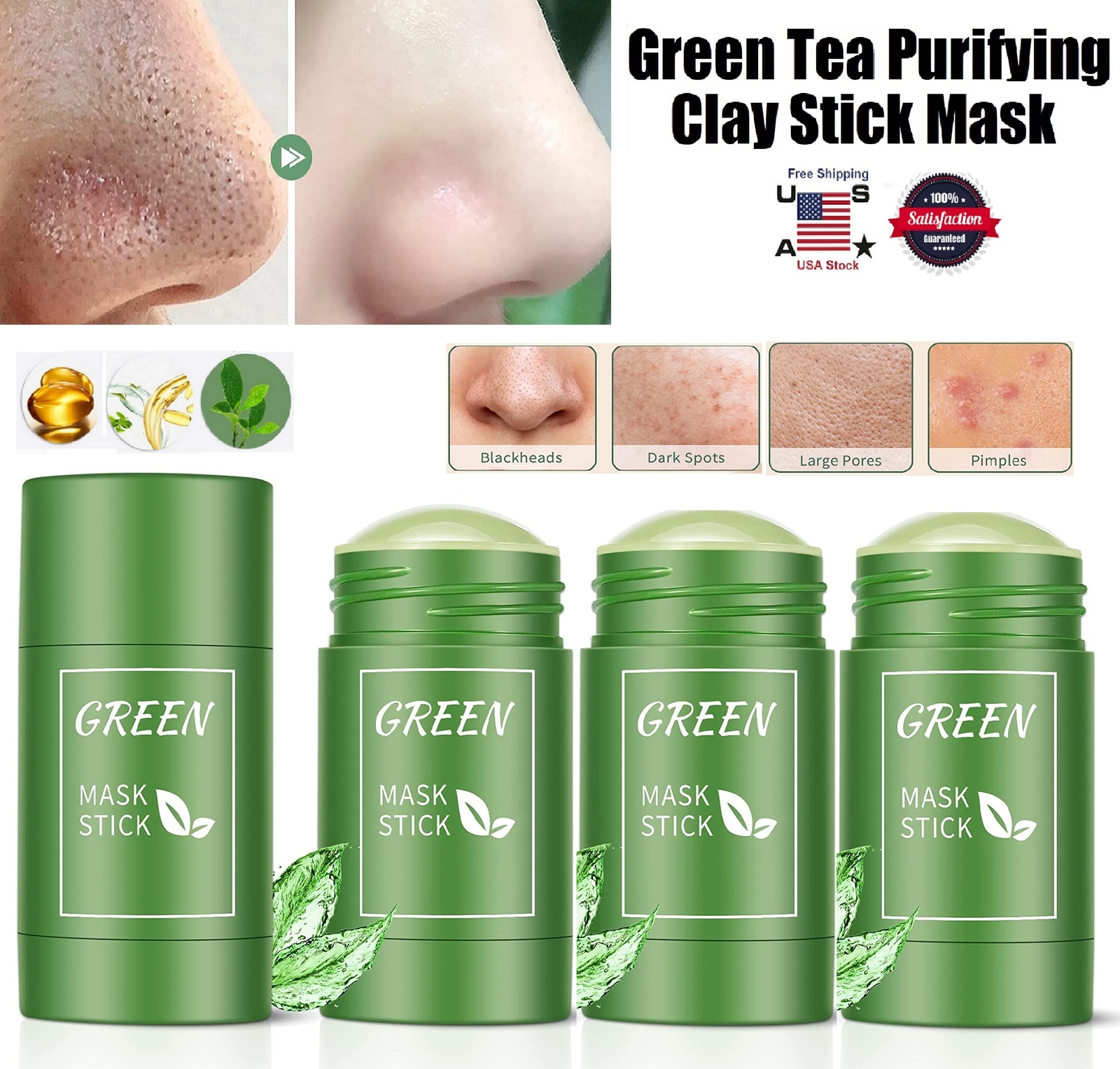 4 × Green Tea Purifying Clay Stick Mask for Deep Clean Pore Blackhead Remover US