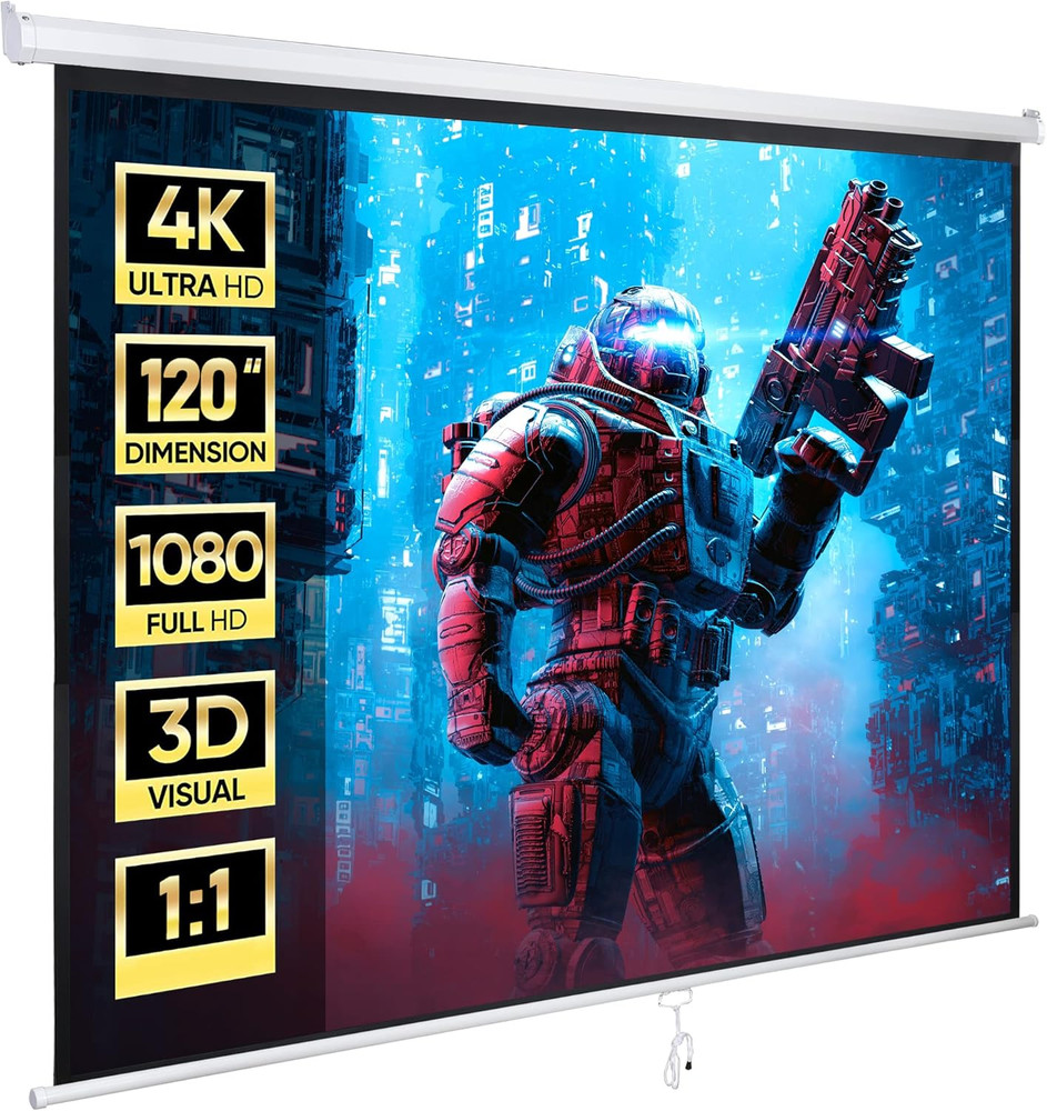 120'' Projector Screen Manual Pull Down, 1:1 Indoor Outdoor Projection Screen Mo