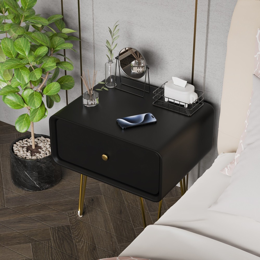 Black single drawer solid wood bedside table easy to install and convenient