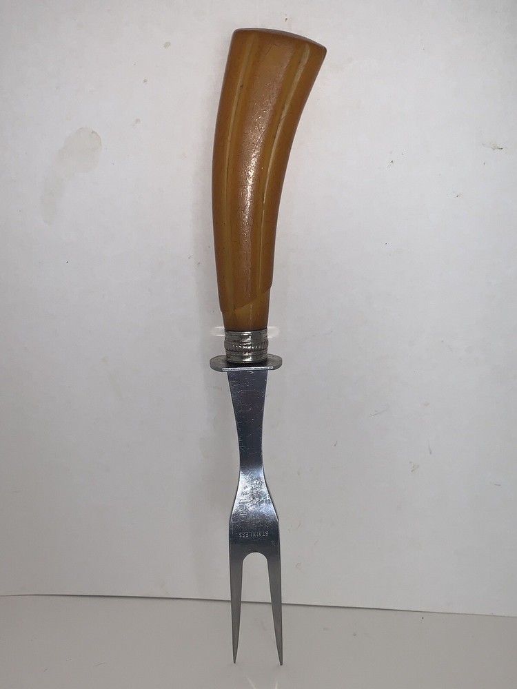Vintage Meat Serving Fork Bakelite Butterscotch Handle