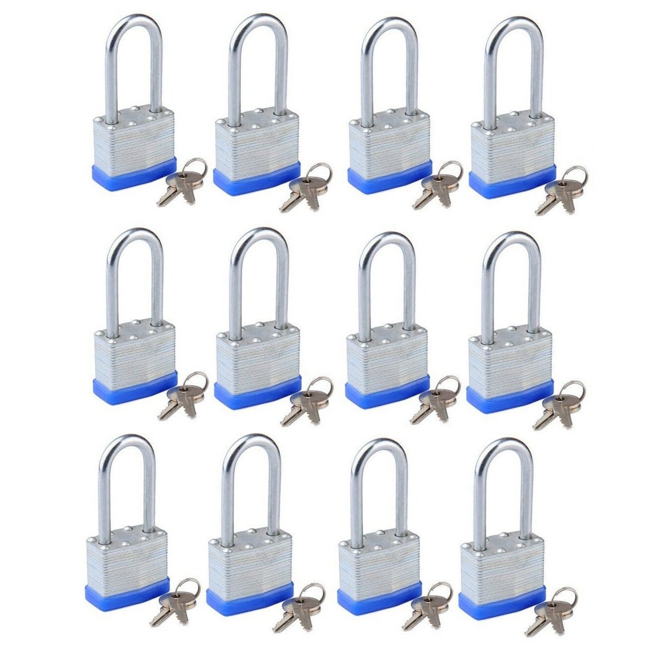 Lot of 12 Piece 40mm Laminated Pad Locks Keyed the Same Alike Long Shackle