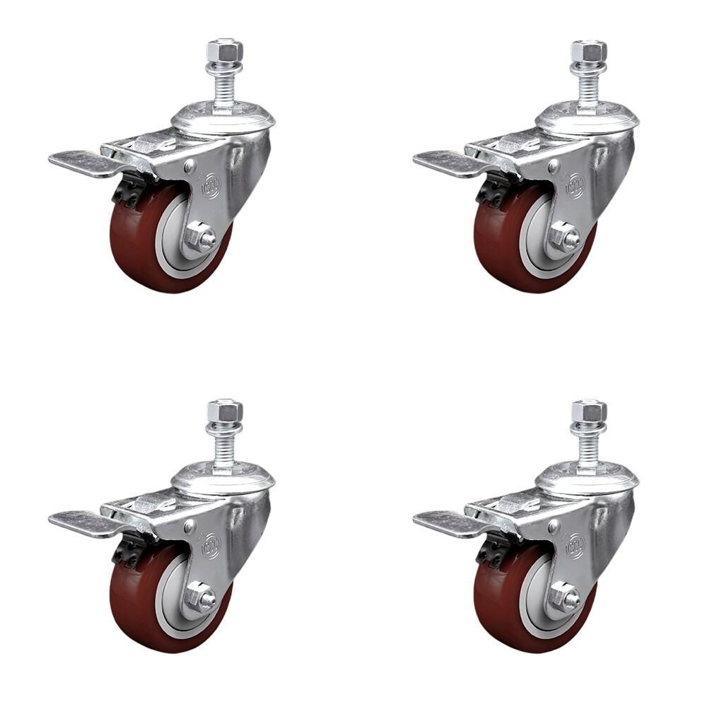 3.5 Inch SS Maroon Polyurethane ½ Inch Threaded Stem Caster Set Total Lock Brake