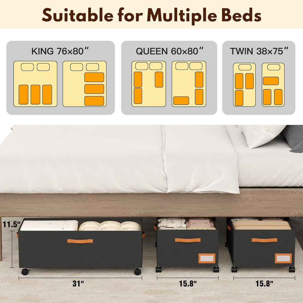 Under Bed Storage with Wheels,12Inch Underbed Storage Containers with Clear Lids