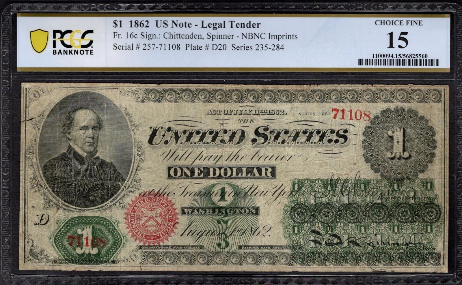 1862 $1 Legal Tender PCGS 15 Fr.16c Item #56825560