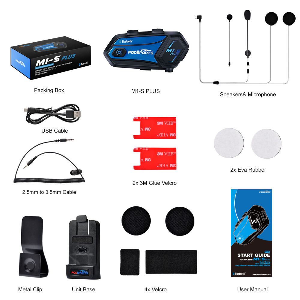 M1-S Plus Motorcycle Intercom Bluetooth Helmet Headset Interphone 8 Riders 2000m