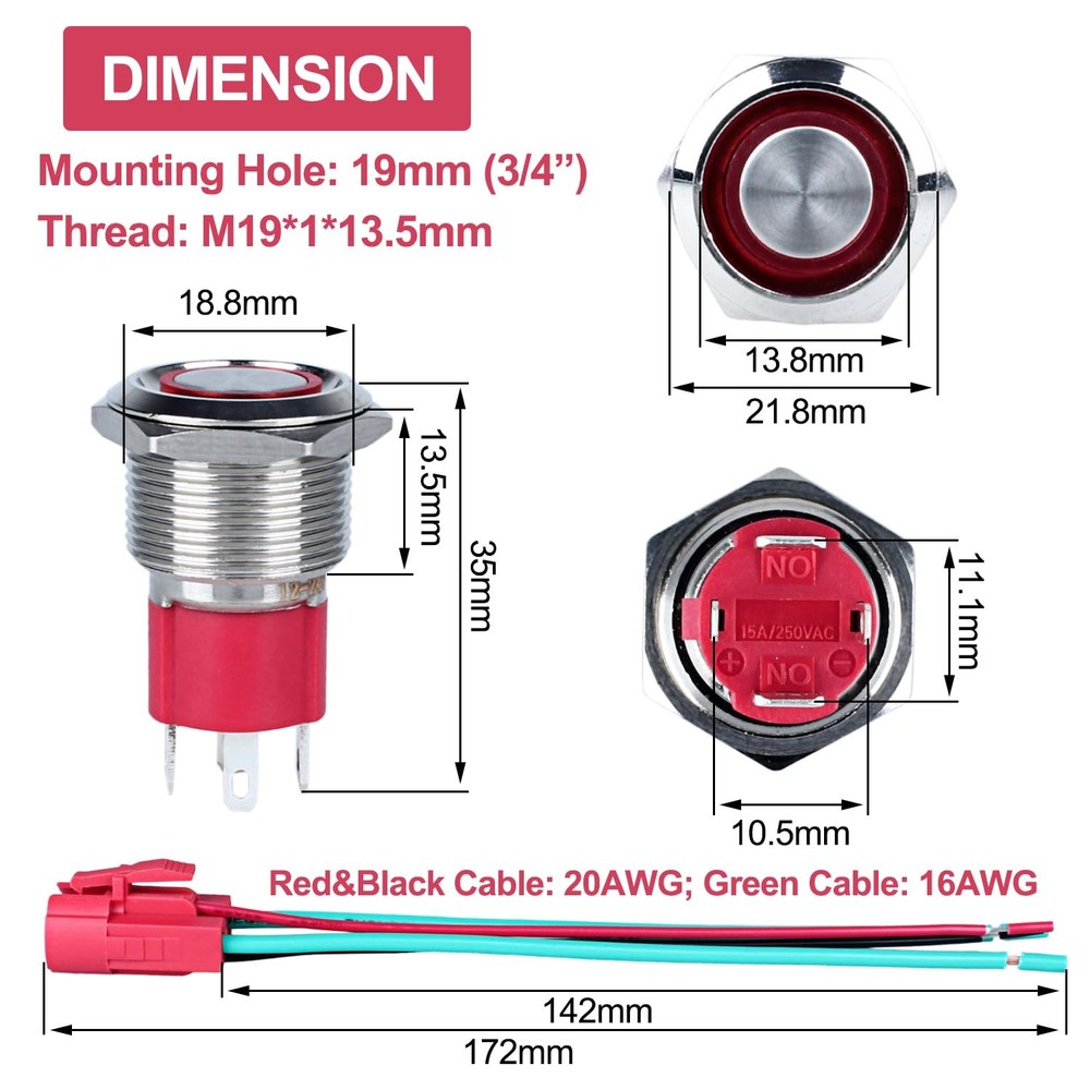 19mm Heavy Duty Latching Metal Push Button Switch Latching, Blue