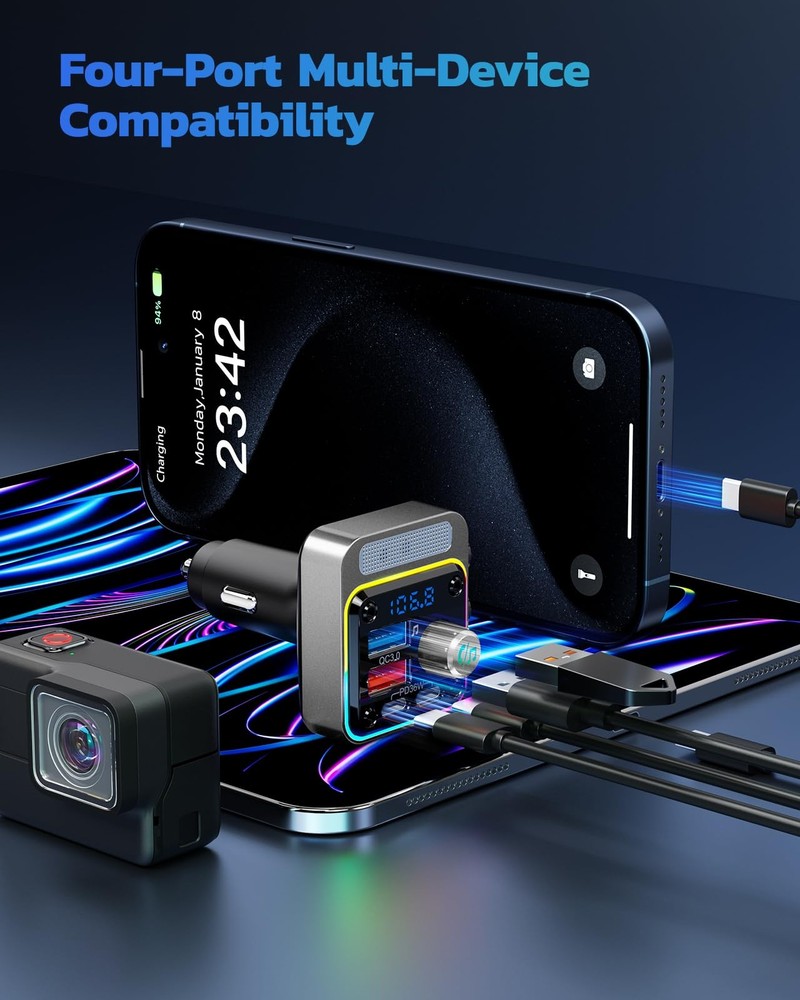 Nulaxy 54W Bluetooth 5.3 Car Adapter with 4 Charging Ports [PD 36W & Silver