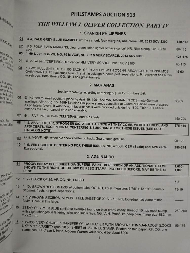 PHILIPPINES FILIPINAS Stamp Auuction Catalog William Oliver Collection