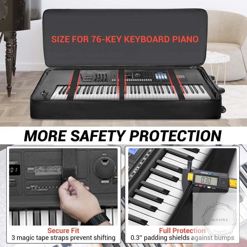 73/76 Key Keyboard Case with Wheels & Adjustable Shoulder Straps– Padded Rolling