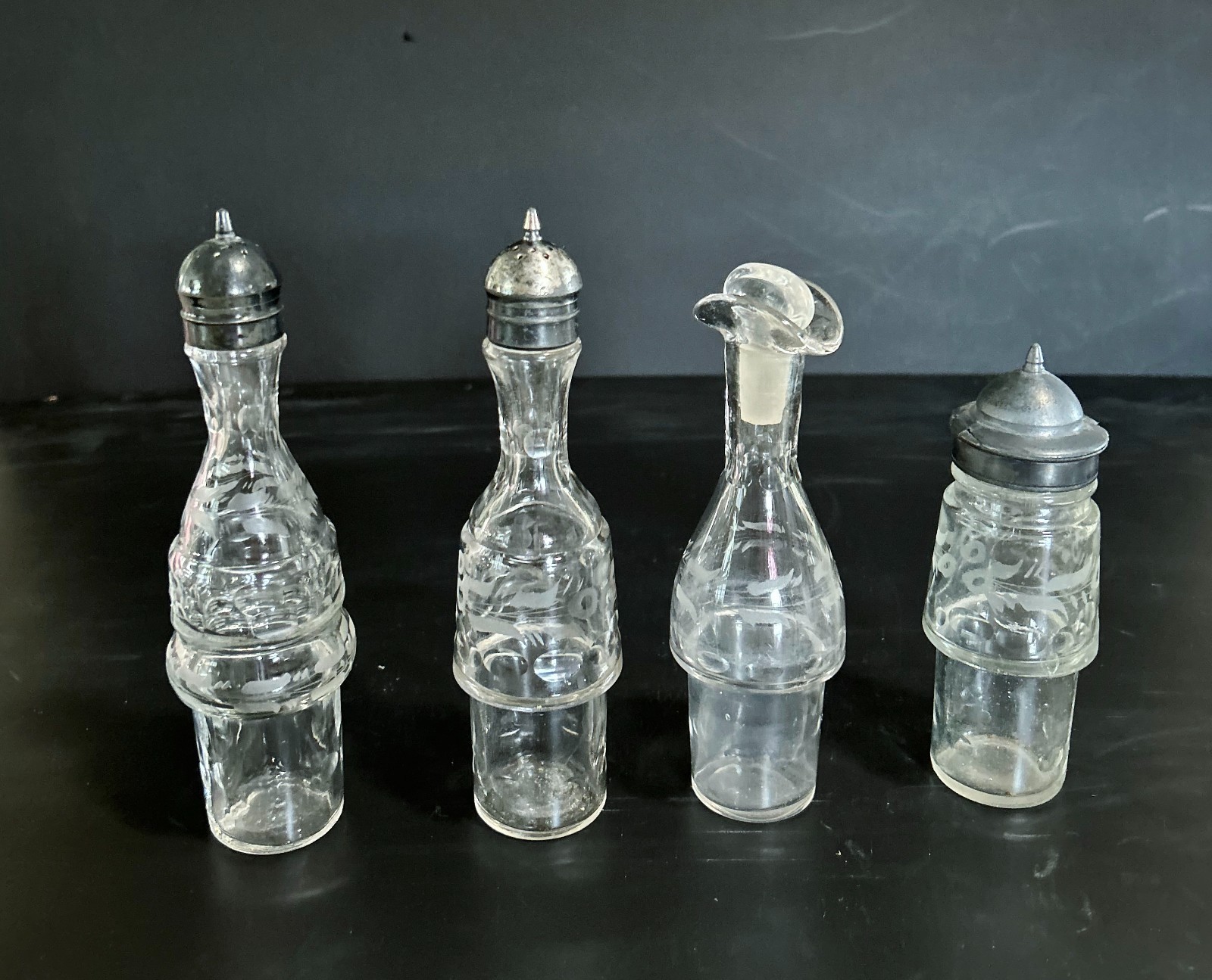 Antique Condiment Cruet  Set of 4 Pcs Etched Glass Victorian Style Silver Plate