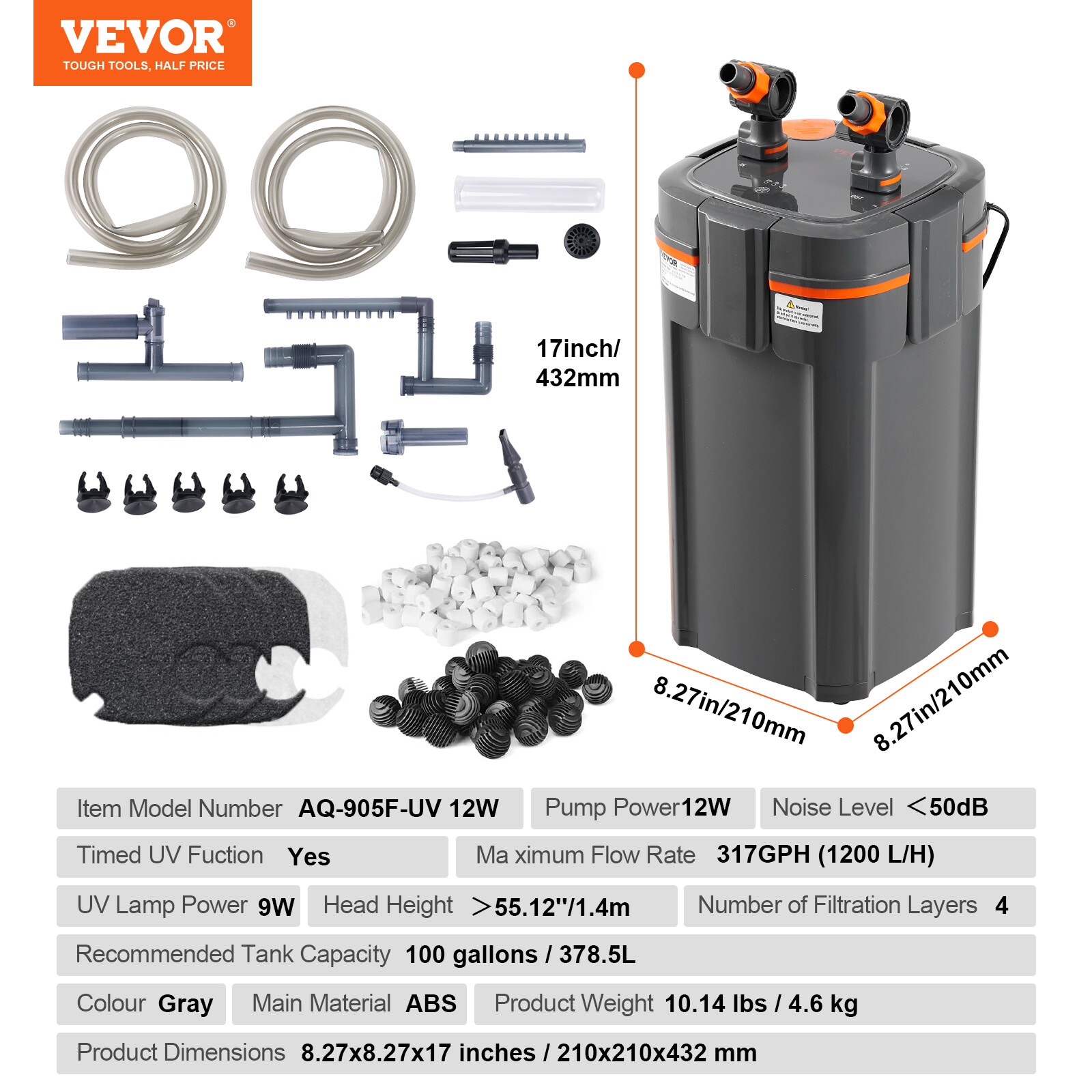 VEVOR 100 Gallon Aquarium Canister Filter 9w UV Sterilizer 317GPH Fish Tank