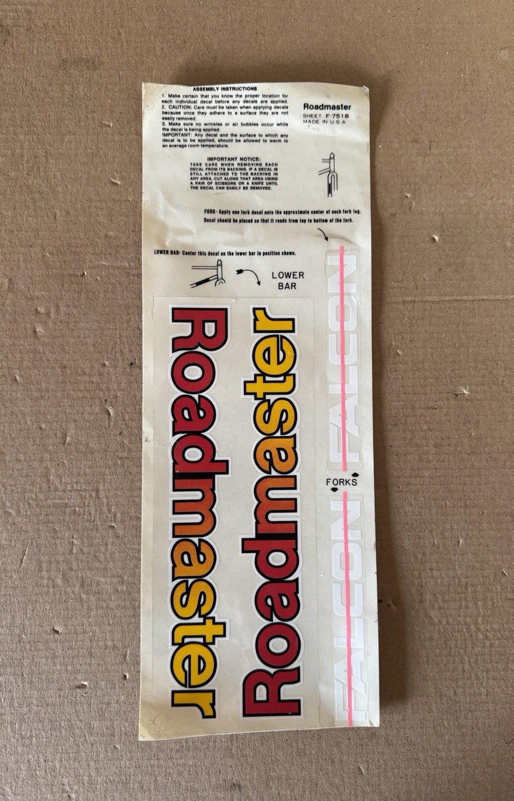 Roadmaster Falcon BMX Bicycle Tube And Fork Decals Sheet F-7518 1980’s
