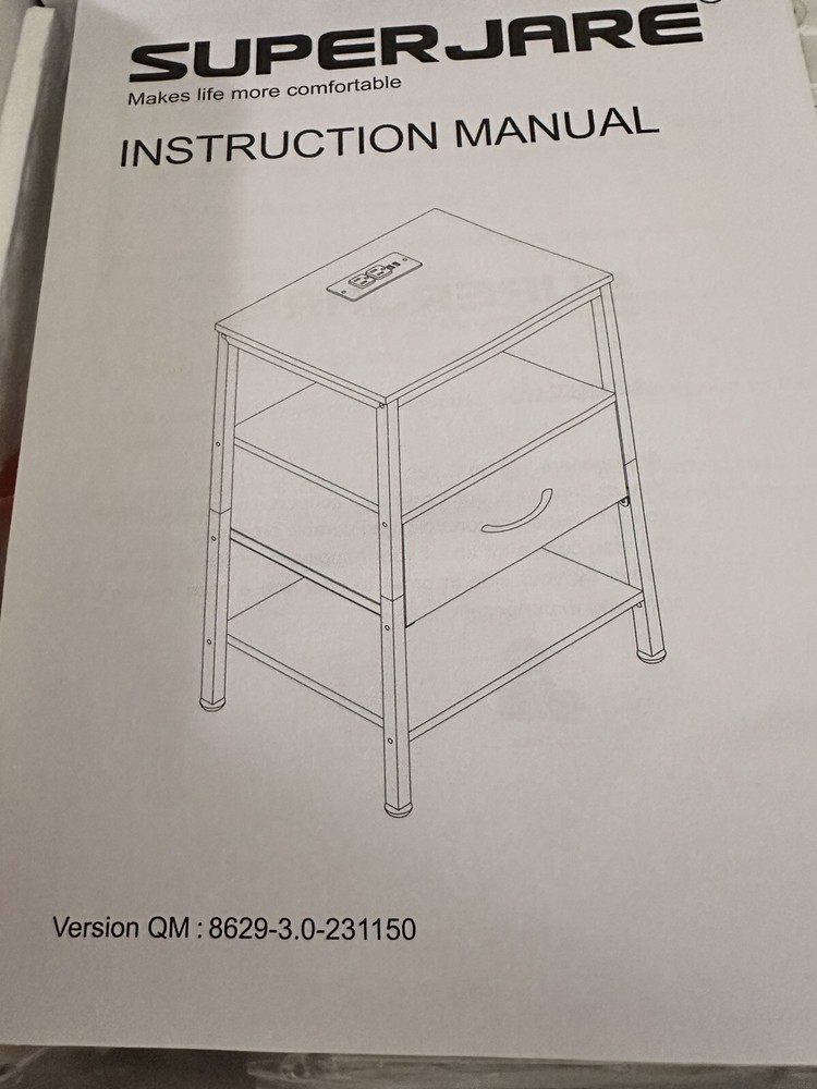 SUPERJARE Nightstand with Charging Station, Bed Side Table with Adjustable