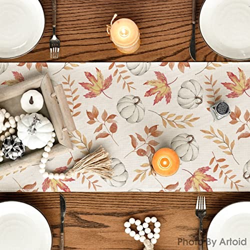 Pumpkins Fall Maple Leaves Fall Table Runner, 13" x 60", Table Runner Orange