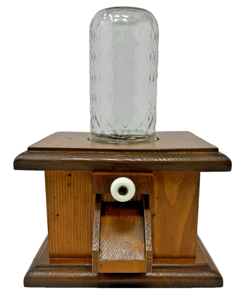 Vintage Wood Ball Jar Candy Peanut Dispenser Porcelain Pull Handle Rustic