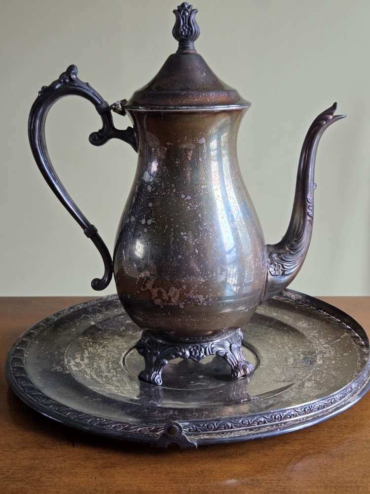 Antique FB Rogers Silver Company 1883 Silverplate Coffee Tea Pot & Handled Tray