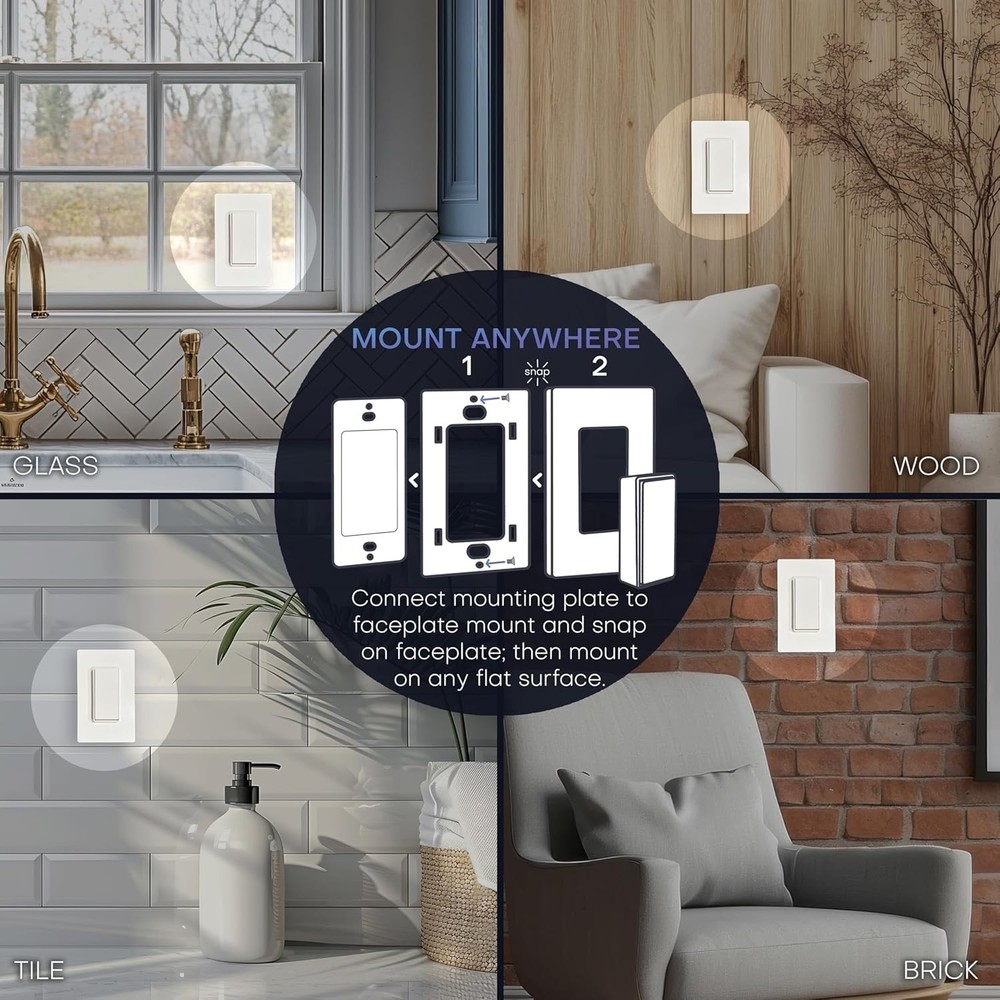 RunLessWire Single Pole Detachable Battery-Free Wireless Light Switch 150ft RF