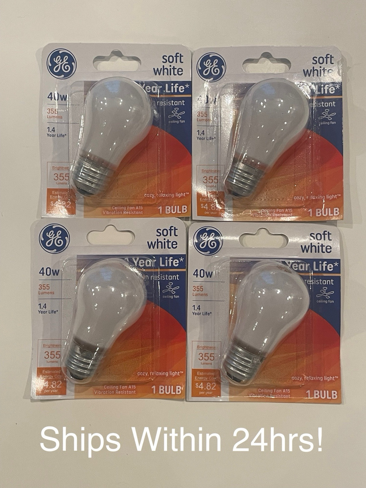 4 Soft White GE Ceiling Fan Bulbs 40W 355 Lumen Vbration Resistant