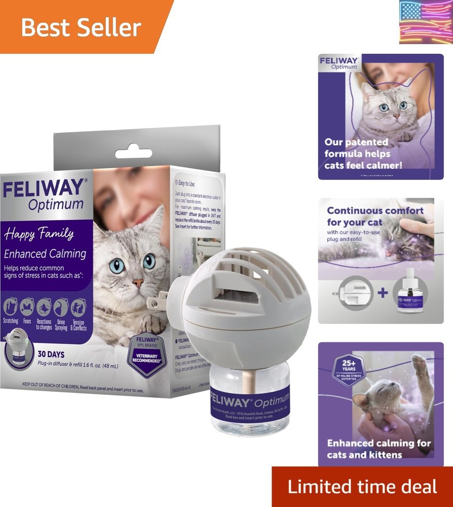 Optimum 30 Day Cat Calming Plug In Pheromone Diffuser Starter Kit, 48ml - Hel...
