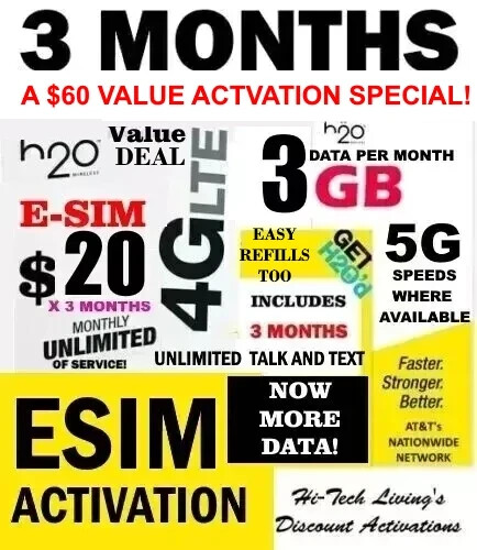 ESIM H2O H20 ✅ E-SIM ACTIVATION ⭐ w/ 3 MONTHS X $20 Plan ⭐ UNLIMITED T/T