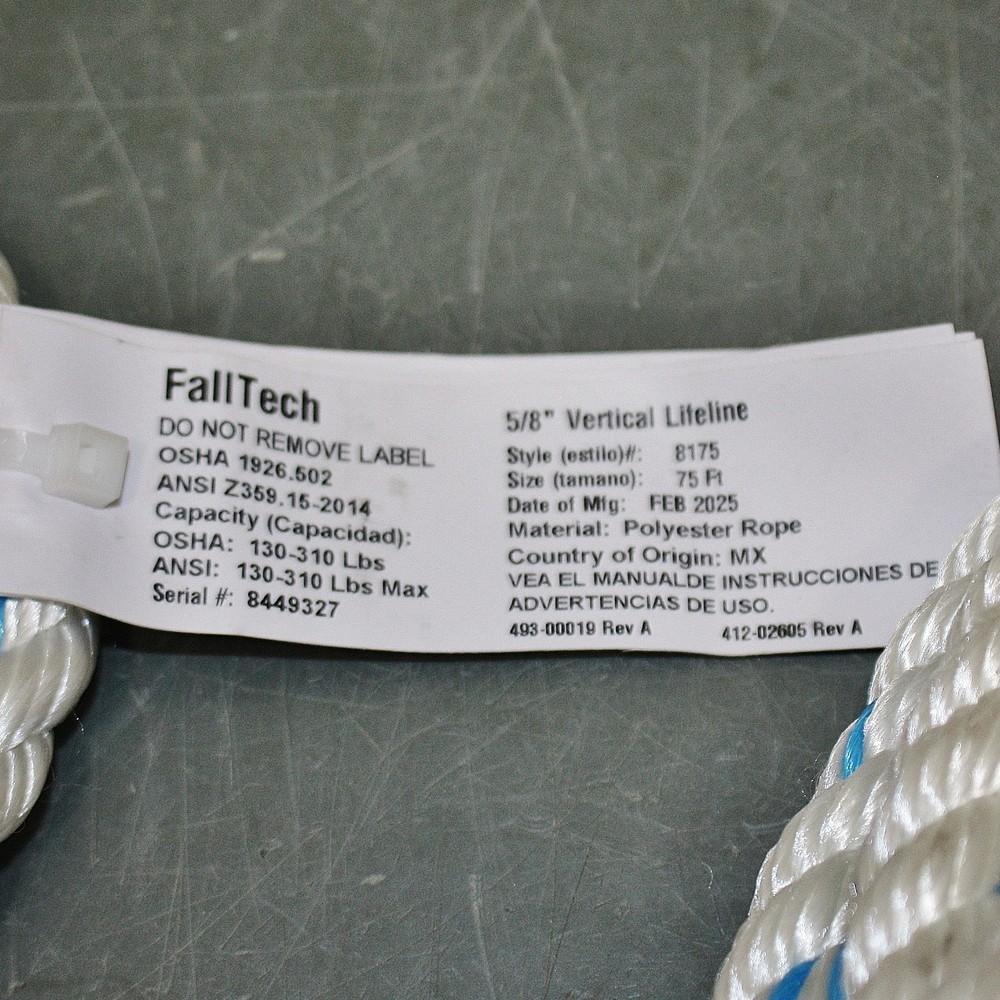 FallTech PFAS Vertical Lifeline 8175, 75ft, 310 lb, Polyester, Steel Snap Hook