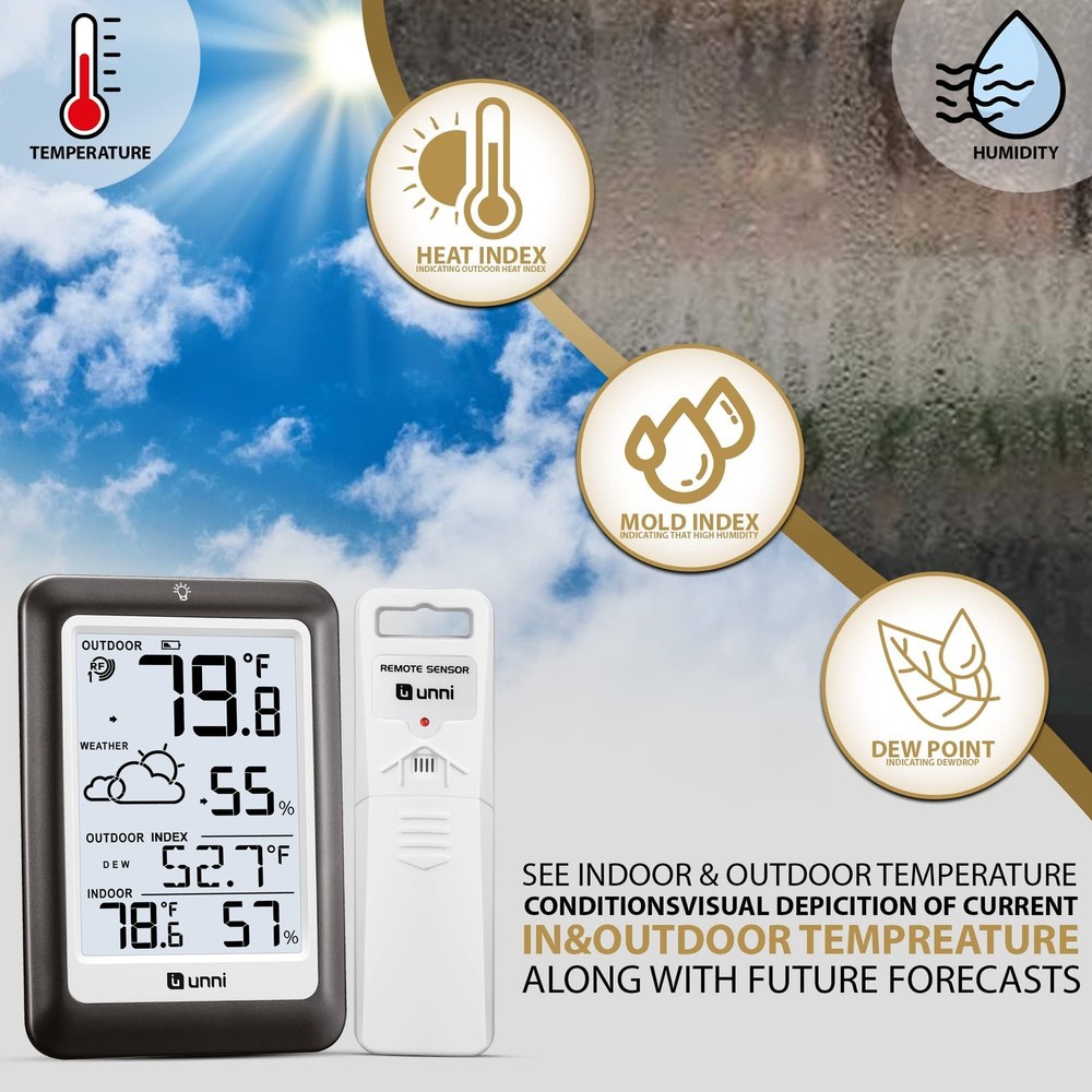 Wireless Indoor Outdoor Thermometer with Remote Sensor and Backlight Display