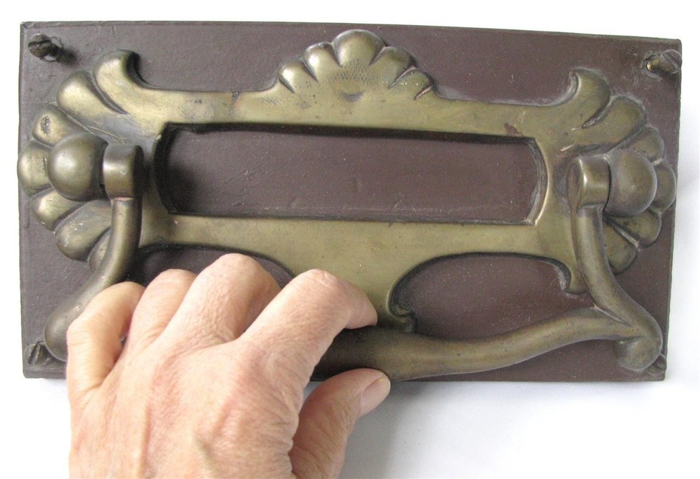 Antique Solid Brass Door Knocker Large Drawer Pull Design 10" x 5" Letter Box
