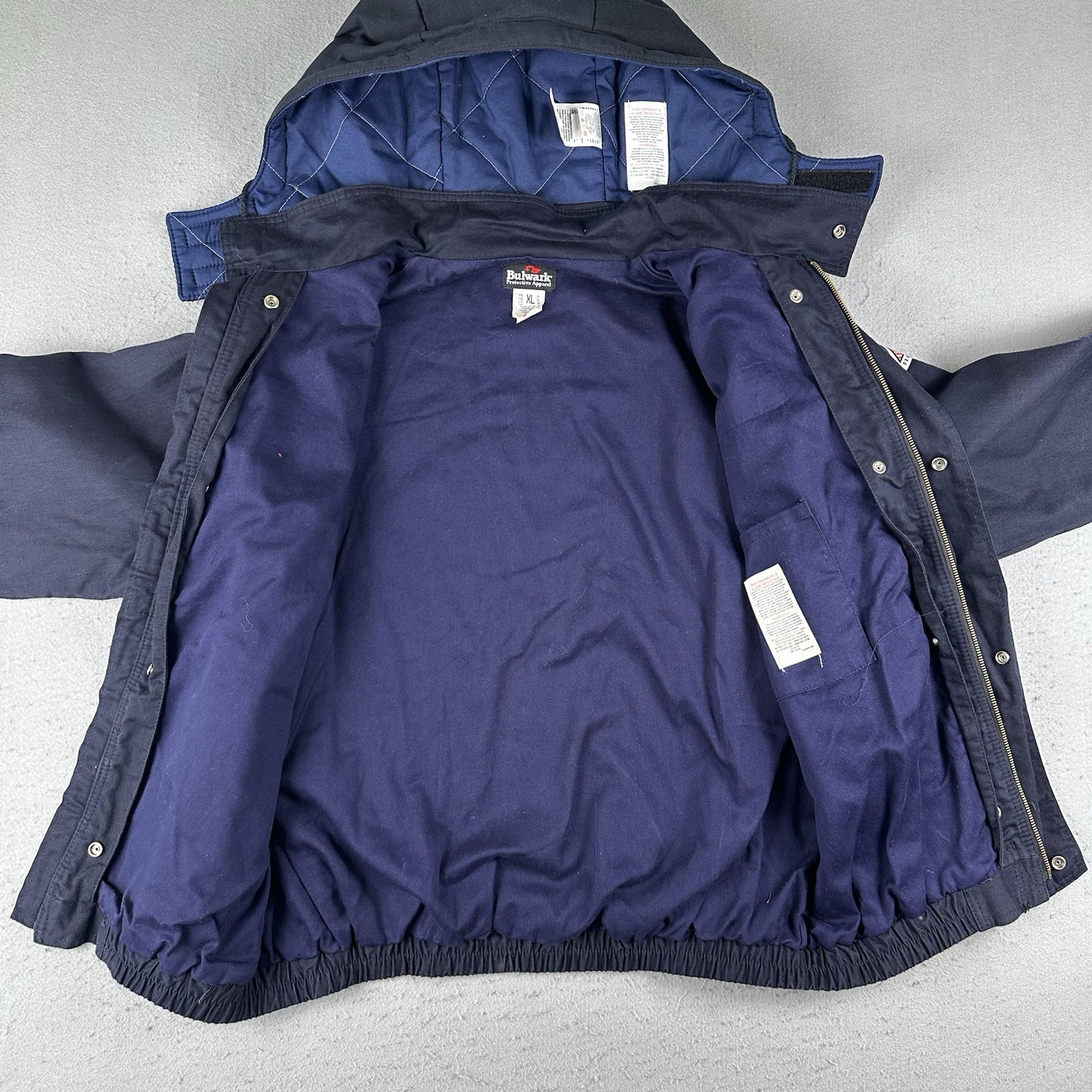 Bulwark FR Jacket Mens XL Blue Flame Resistant Workwear Snap Zip Hooded