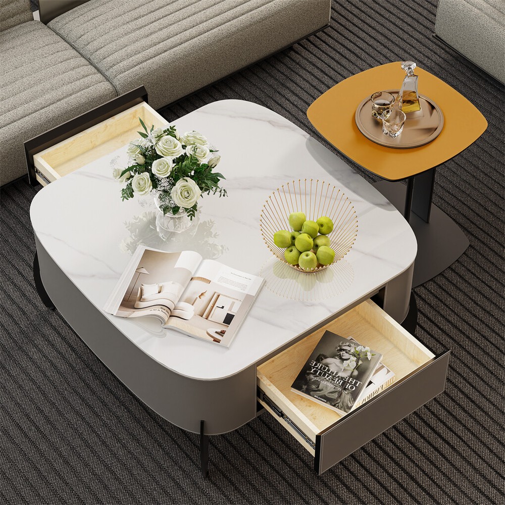 Square Marble Coffee Table Microfiber Saddle Leather Center Table with 2 Drawers
