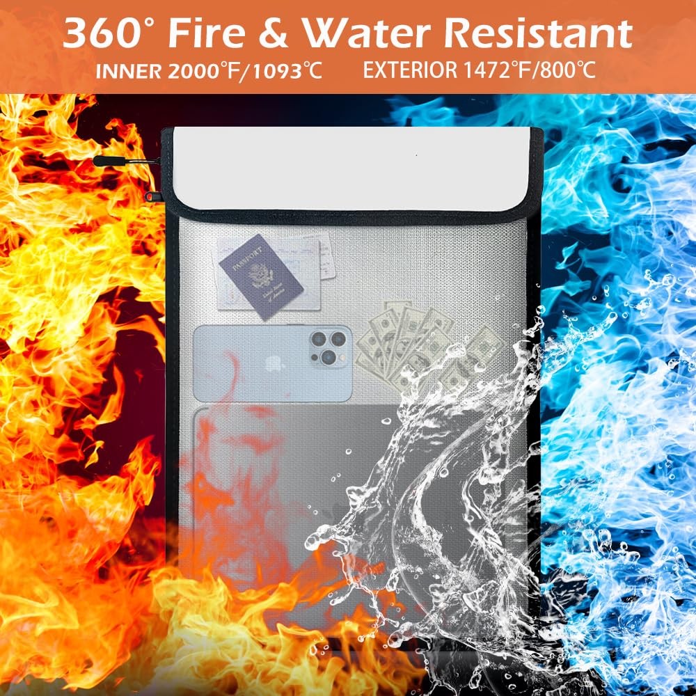 Fireproof Waterproof Document Bag - 2000℉ Protection, Upgraded Two Pockets, R...