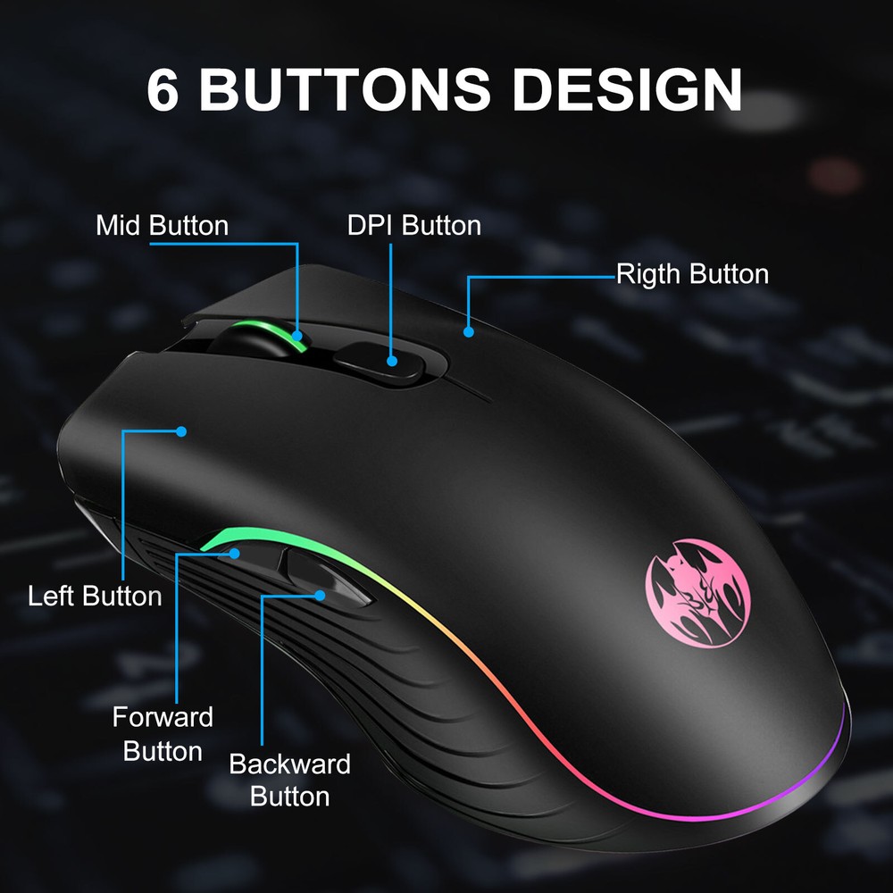 Wireless Gaming Mouse 2.4GHz Rechargeable Optical Mouse 7 Colors LED Backlit PC