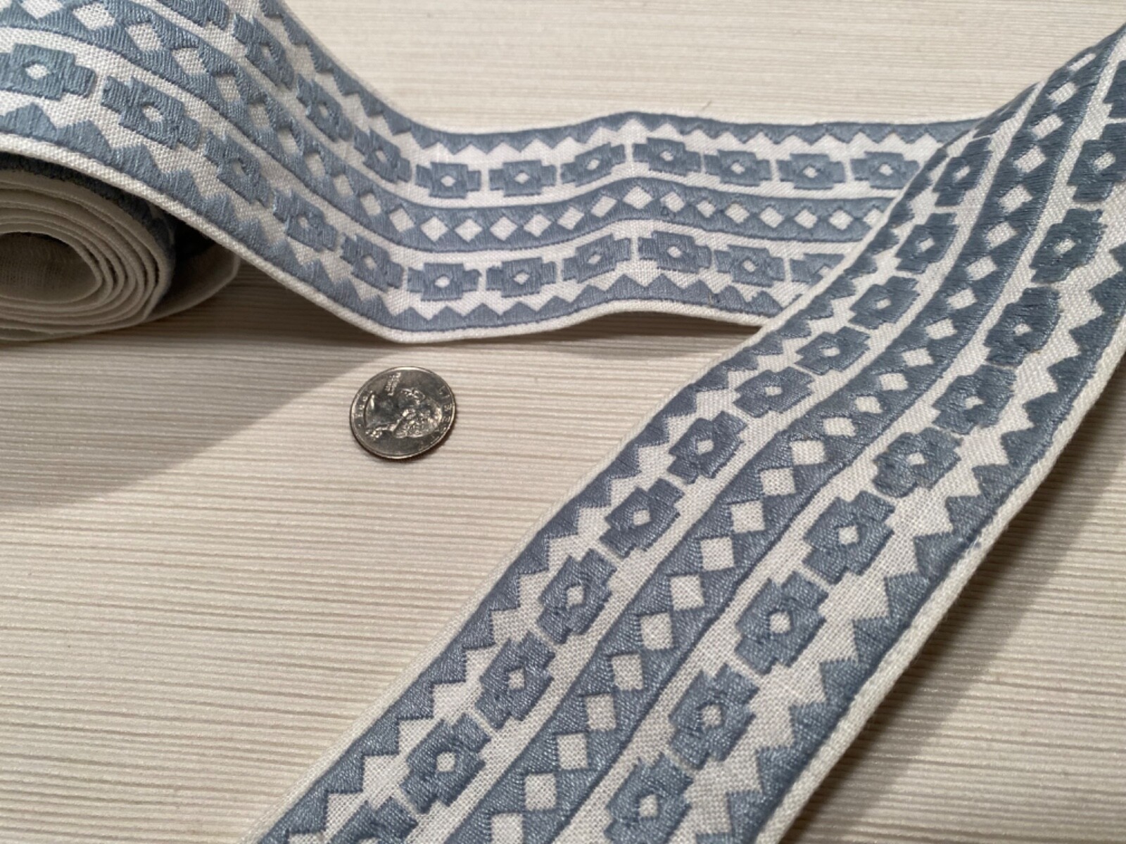 SCHUMACHER 79920 Talitha Tape Sky 85% Linen Embroidered Passementerie Trim BTY