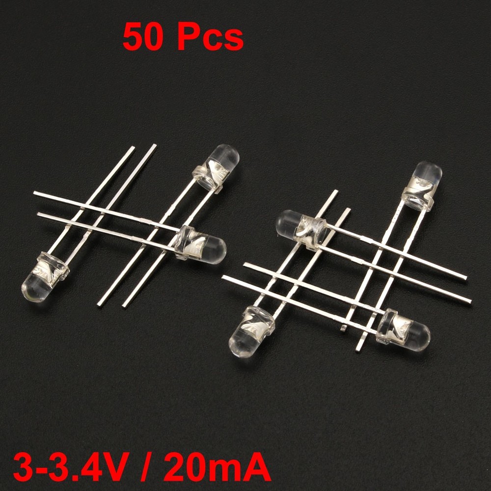 50Pack 3mm White LED Diode Lighting Electronics Component Emitting Light 3-3.4V